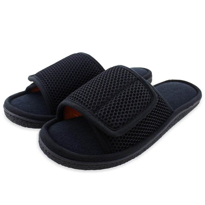 WALKFUN Adjustable House Slippers for Men Open Toe Breathable Indoor Slip on Mens Slides Sandals with Memory Foam for Bedroom,Patio(13-14,Black) - Image 1
